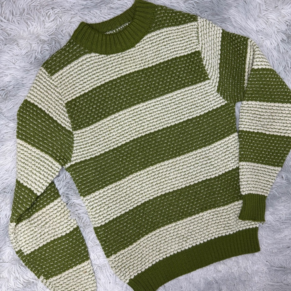 Vintage Arena Virgin Wool Striped Sweater Green Cream Mock Neck Nordic Ski